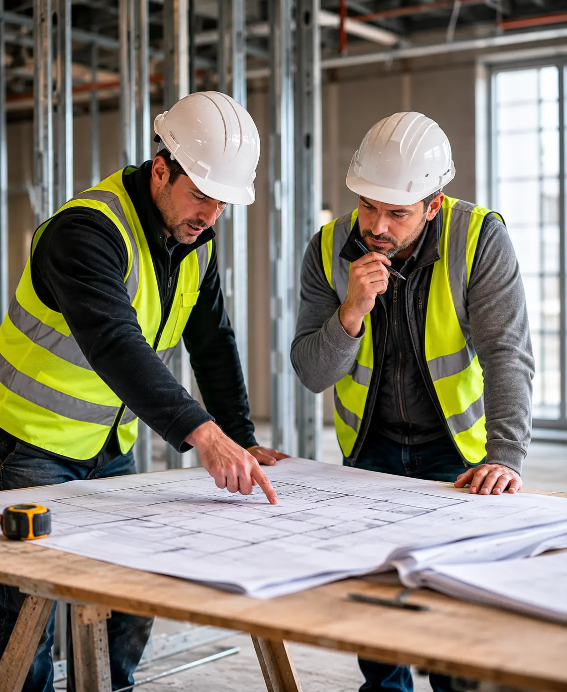 Site team reviewing drawings during a construction fit-out